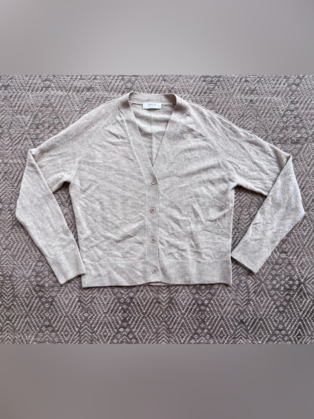 OGD One Grey Day Cardigan S 100% Cashmere Light Oatmeal V Neck Button Sweater